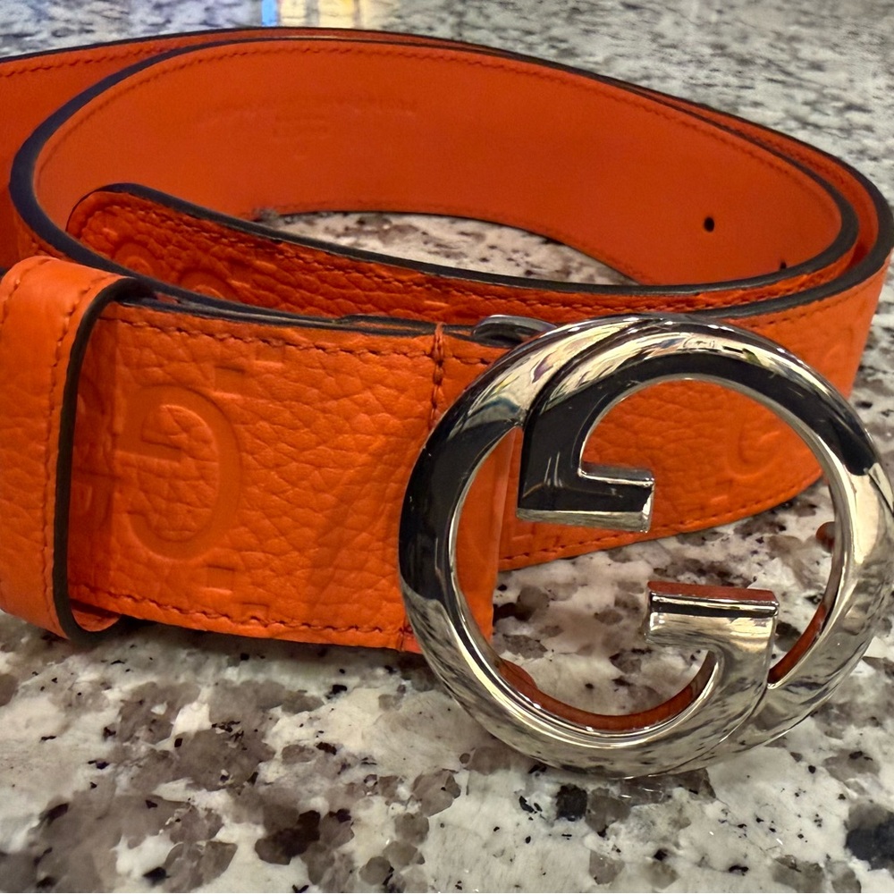 Orange Leather Belt with Silver Interlocking G Buckle